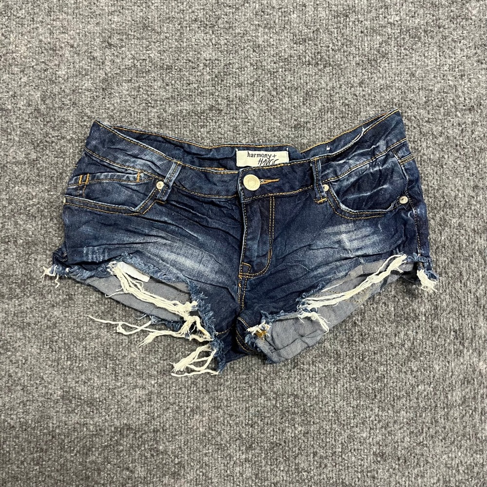 Harmony + Havoc Denim Shorts Womens Size 5 Dark Wash Distressed Frayed Low Rise
